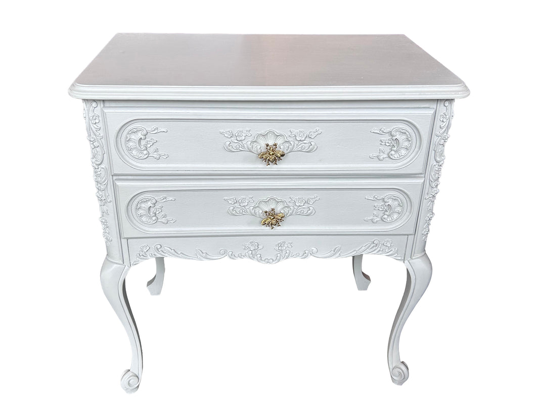 French Style 2-Drawer Chest – White with Gold Bee Handl